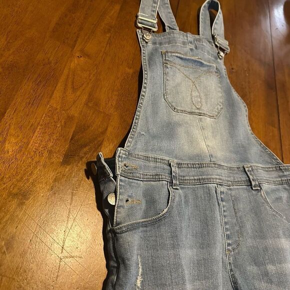Calvin Klein Girls Distressed Stretch Denim Short Bib Overalls Size L 12/14 - Picture 4 of 11